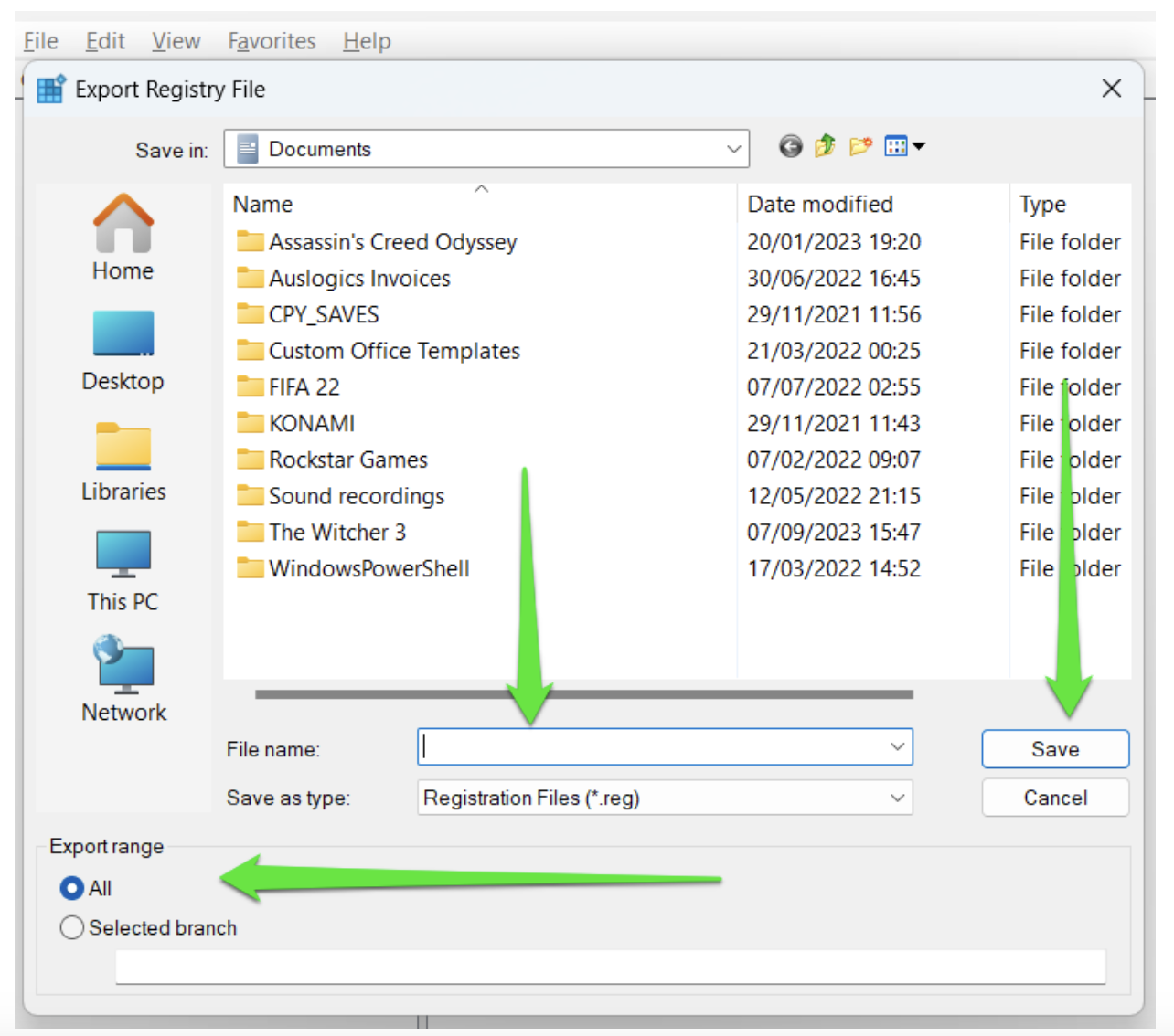 Go to the Export range section and select All